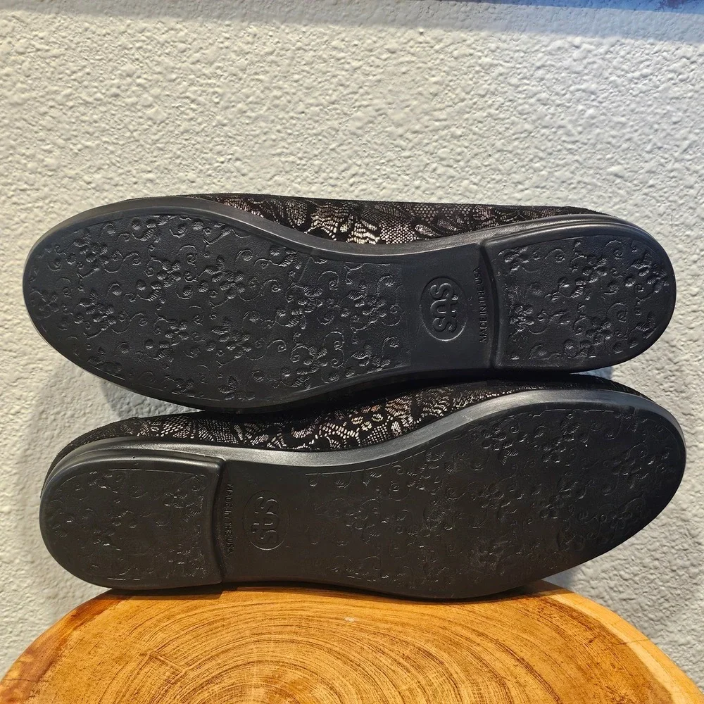 SAS Scenic Black Floral Lace Metallic Ballet Flats Shoes Womens 11 M Made in USA
